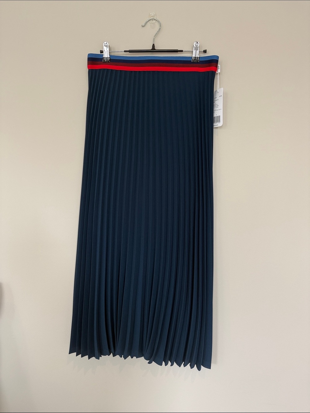 Akris Punto Navy Pleated Midi Skirt with Red and Blue Striped Waistband